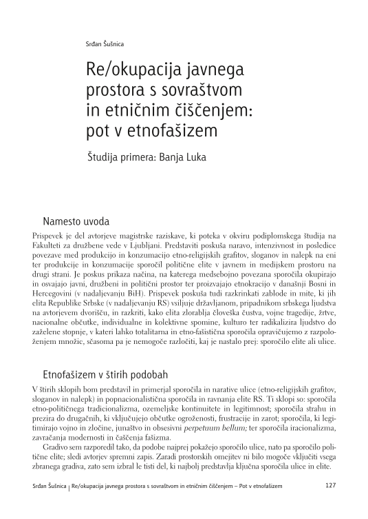 Re/okupacija javnega prostora s sovraštvom in etničnim čiščenjem: pot v etnofašizem. Študija primera: Banja Luka