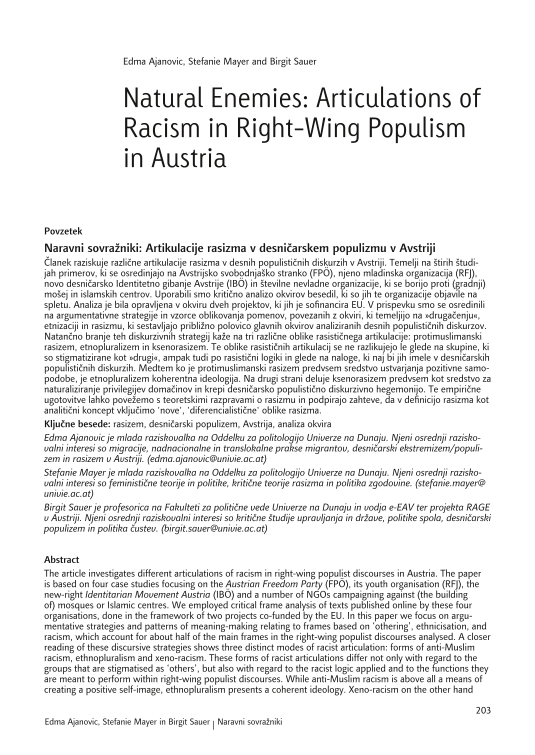 Natural Enemies: Articulations of Racism in Right-Wing Populism in Austria