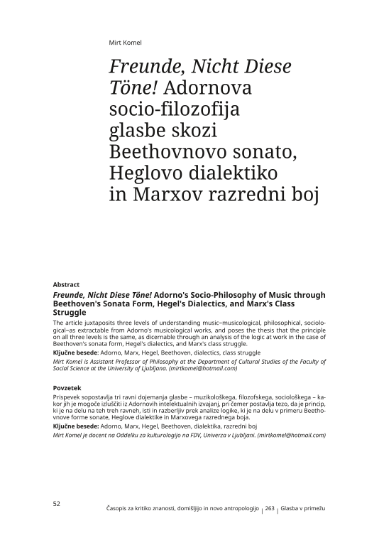 Freunde, Nicht Diese Te! Adornova socio-filozofija glasbe skozi Beethovnovo sonato, Heglovo dialektiko in Marxov razredni boj