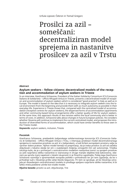 Asylum seekers – fellow citizens: decentralized models of the reception and accommodation of asylum seekers in Trieste