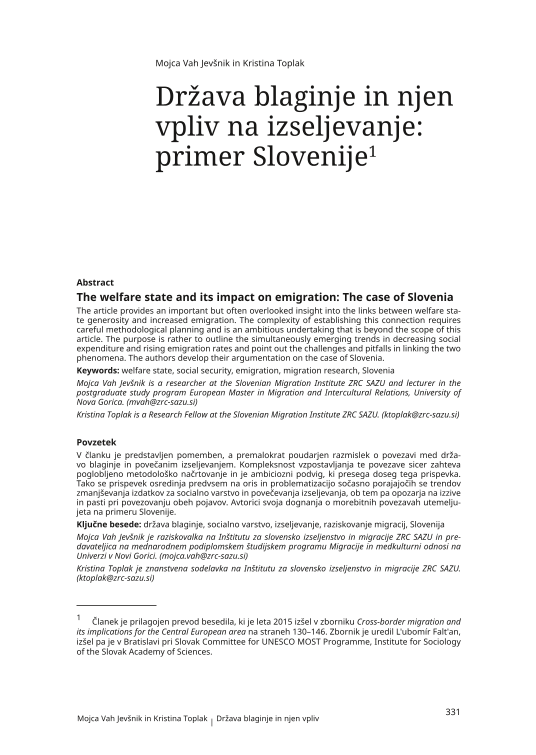 Država blaginje in njen vpliv na izseljevanje: primer Slovenije