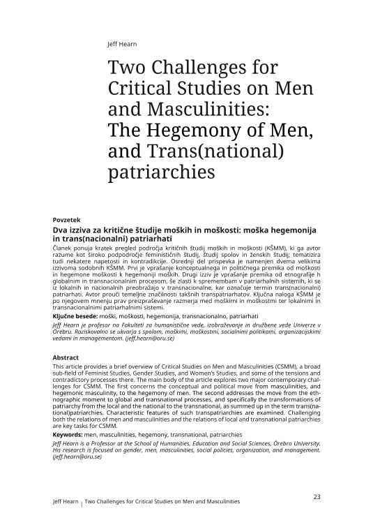 Two Challenges for Critical Studies on Men and Masculinities: The Hegemony of Men, and Trans(national)patriarchies