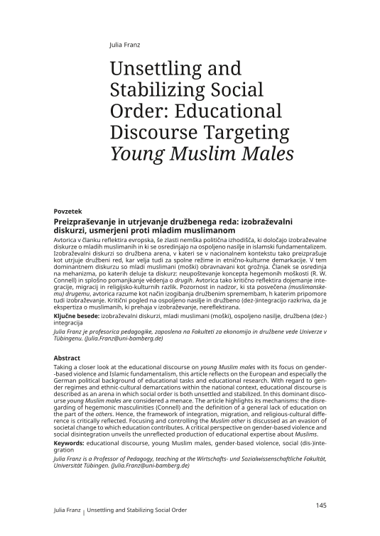 Preizpraševanje in utrjevanje družbenega reda: izobraževalni diskurzi, usmerjeni proti mladim muslimanom