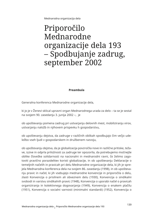 Priporočilo Mednarodne organizacije dela 193 – Spodbujanje zadrug, september 2002
