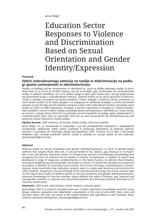 Odzivi izobraževalnega sektorja na nasilje in diskriminacijo na podlagi spolne usmerjenosti in identitete/izraza