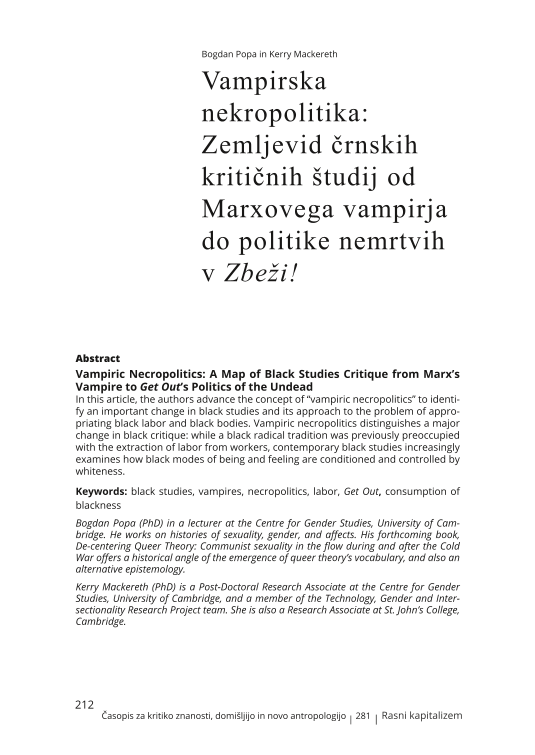 Vampirska nekropolitika: Zemljevid črnskih kritičnih študij od Marxovega vampirja do politike nemrtvih v Zbeži!