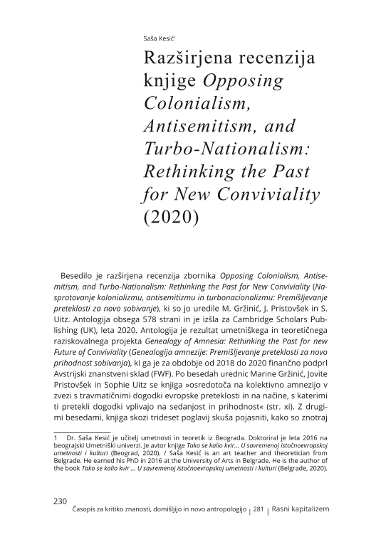 Razširjena recenzija knjige Opposing Colonialism, Antisemitism, and Turbo-Nationalism: Rethinking the Past for New Conviviality (2020)