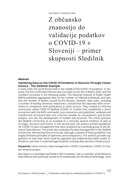 Validating Data on the COVID-19 Pandemic in Slovenia Through Citizen Science – The Sledilnik Example