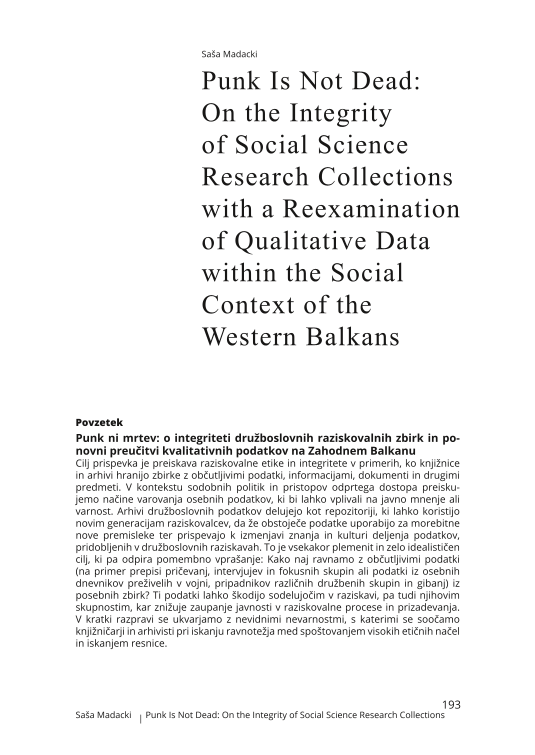 Punk Is Not Dead: On the Integrity of Social Science Research Collections with a Reexamination of Qualitative Data within the Social Context of the Western Balkans