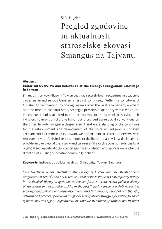 Pregled zgodovine in aktualnosti staroselske ekovasi Smangus na Tajvanu