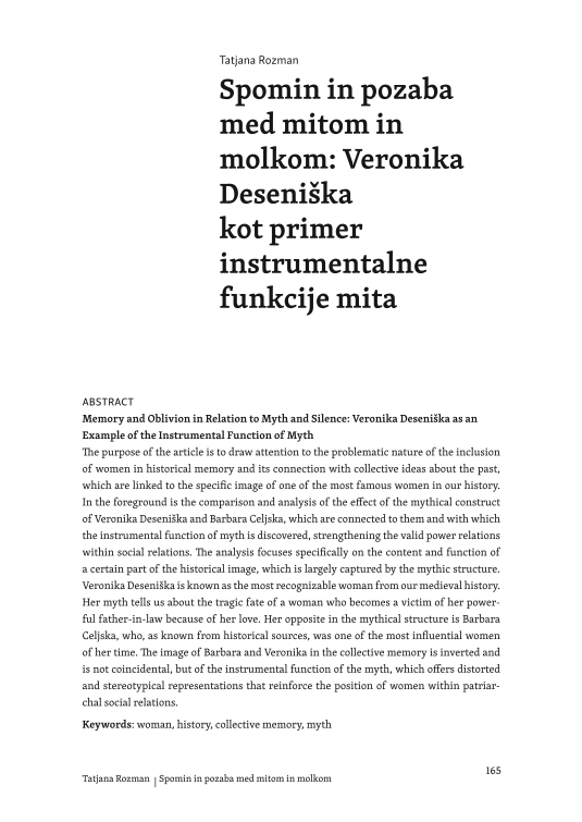 Memory and Oblivion in Relation to Myth and Silence: Veronika Deseniška as an Example of the Instrumental Function of Myth