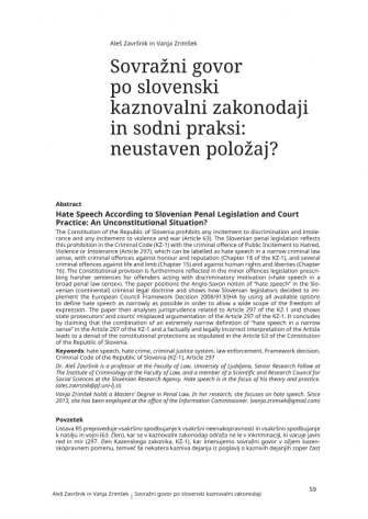 Hate Speech According to Slovenian Penal Legislation and Court Practice: An Unconstitutional Situation?