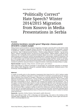 “Politically Correct” Hate Speech? Winter 2014/2015 Migration from Kosovo in Media Presentations in Serbia