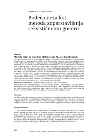 Bodeča neža kot metoda zoperstavljanja seksističnemu govoru