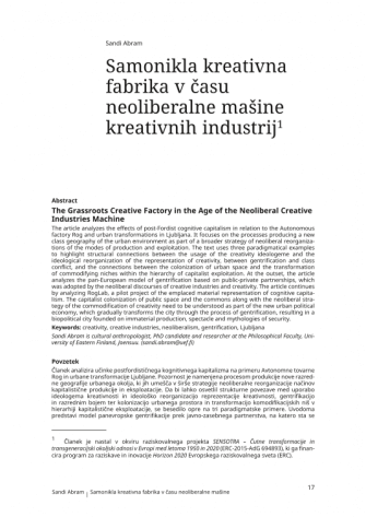 Samonikla kreativna fabrika v času neoliberalne mašine kreativnih industrij