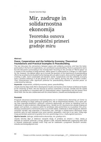 Peace, Cooperatives and the Solidarity Economy: Theoretical Foundations and Practical Examples in Peacebuilding