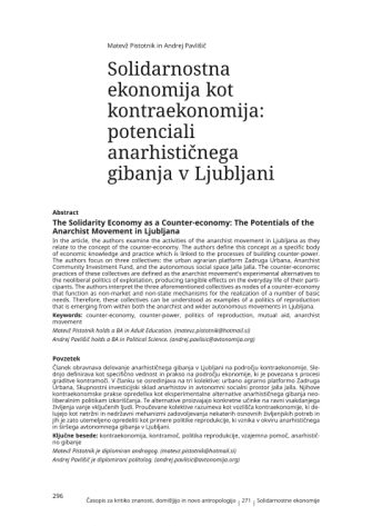 The Solidarity Economy as a Counter-economy: The Potentials of the Anarchist Movement in Ljubljana