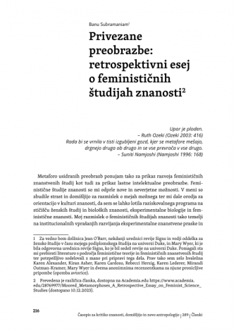 Privezane preobrazbe: retrospektivni esej o feminističnih študijah znanosti