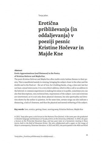 Erotična približevanja (in oddaljevanja) v poeziji pesnic Kristine Hočevar in Majde Kne