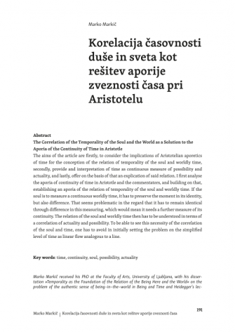 Korelacija časovnosti duše in sveta kot rešitev aporije zveznosti časa pri Aristotelu